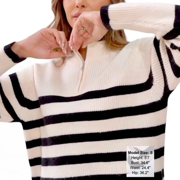 Striped Half Zip Side Slit Relaxed Casual Pullover Sweater - Picture 8 of 16